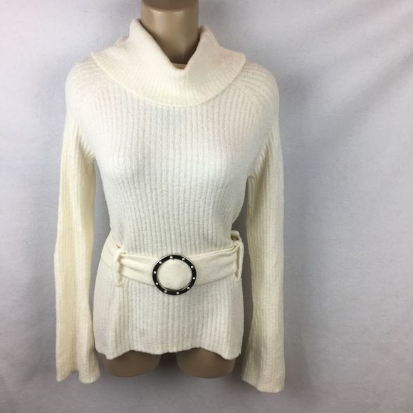 Vintage Ivory Soft Cozy Belted Ribbed Knit Turtleneck Sweater L - Picture 1 of 5
